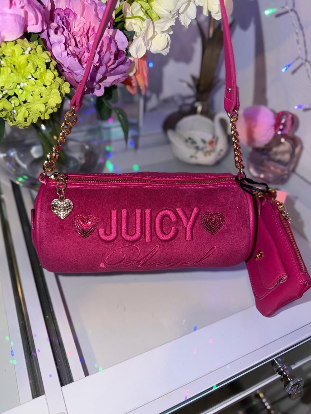Juicy Couture Juicy Angel Barrel Shoulder Bag Heart key charm sequin NWT